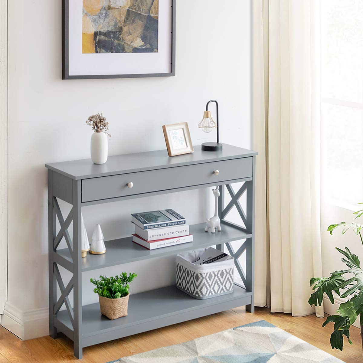 Giantex 3-Tier Console Table, Sofa Table with 1 Drawer and 2 Storage Shelves