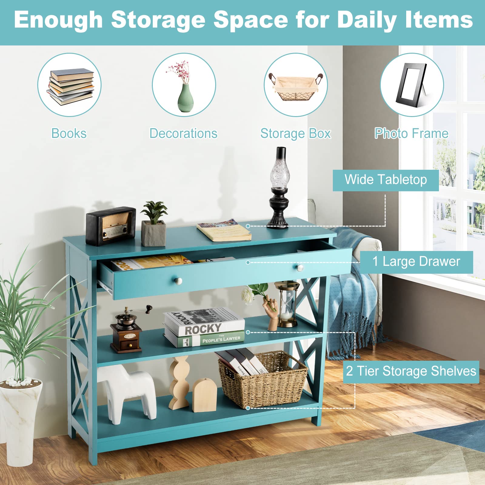 Giantex 3-Tier Console Table, Sofa Table with 1 Drawer and 2 Storage Shelves