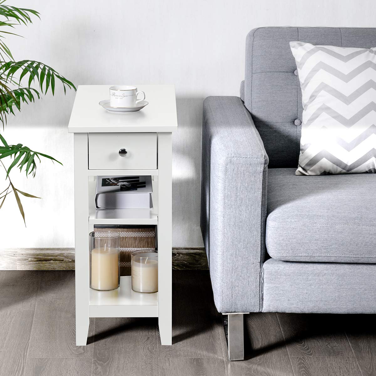 Giantex 3-Tier End Table w/Drawer Side Table with One Drawer and Double Shelves Narrow Tiered Nightstand for Bedroom