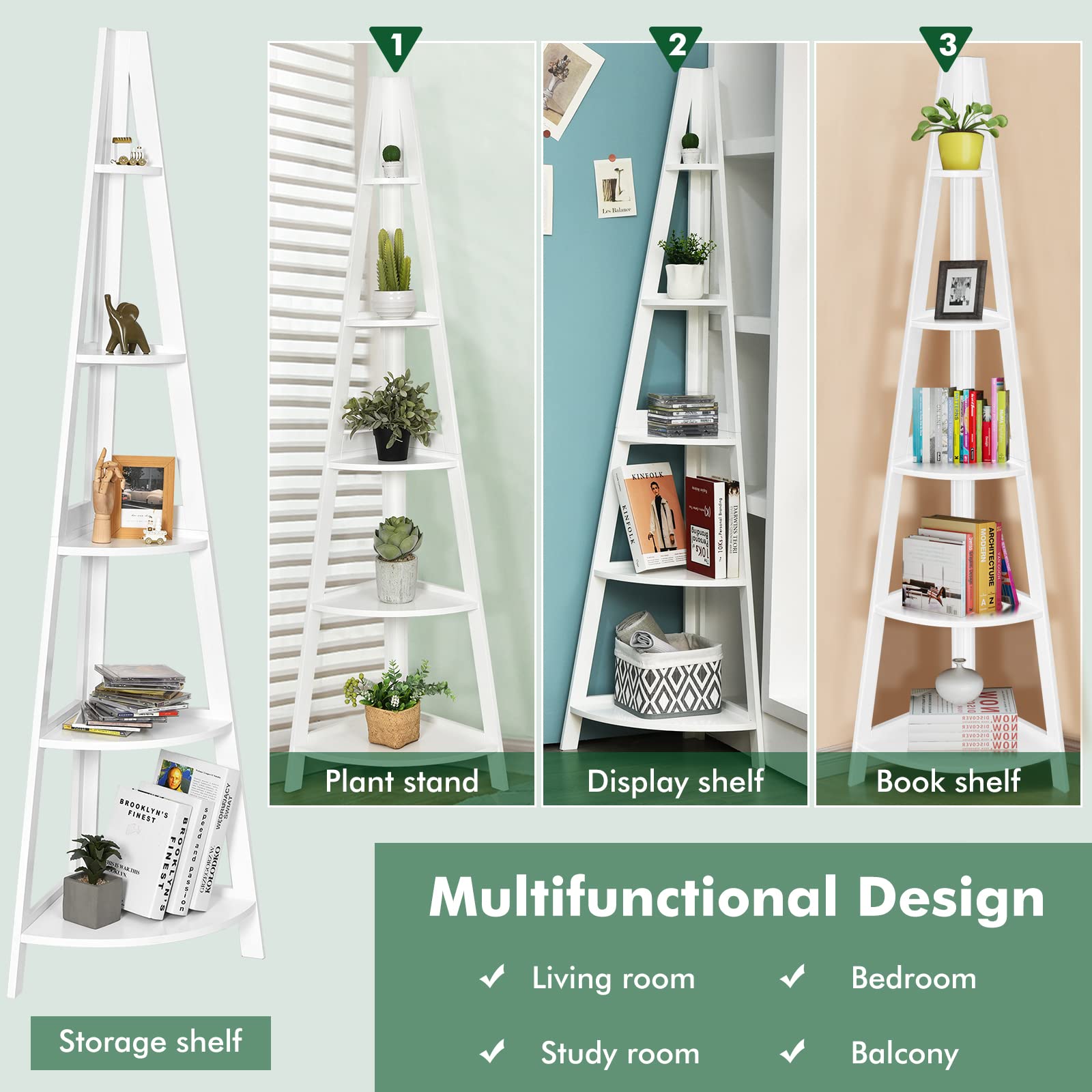 Giantex 5-Tier Corner Ladder Shelf, 1.75m Modern Corner Bookcase and Shelf