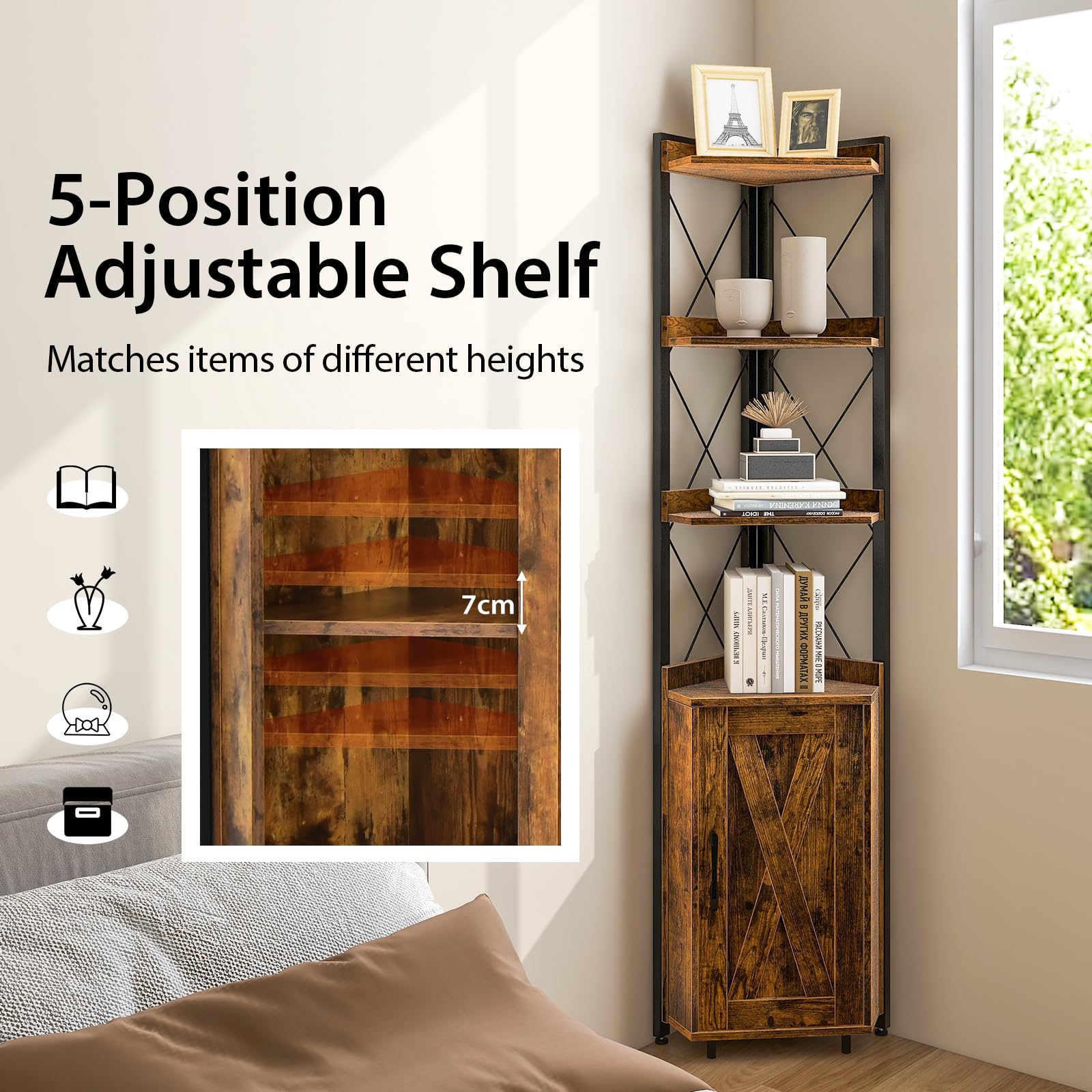 Giantex 6-Tier Corner Shelf, Standing Bookcase Bookshelf with 5-Level Adjustable Shelf & Anti-Tipping Kits