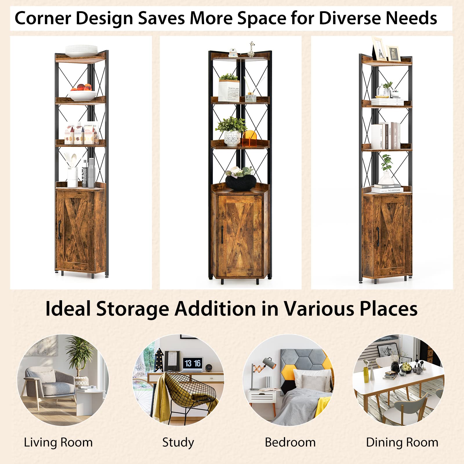 Giantex 6-Tier Corner Shelf, Standing Bookcase Bookshelf with 5-Level Adjustable Shelf & Anti-Tipping Kits