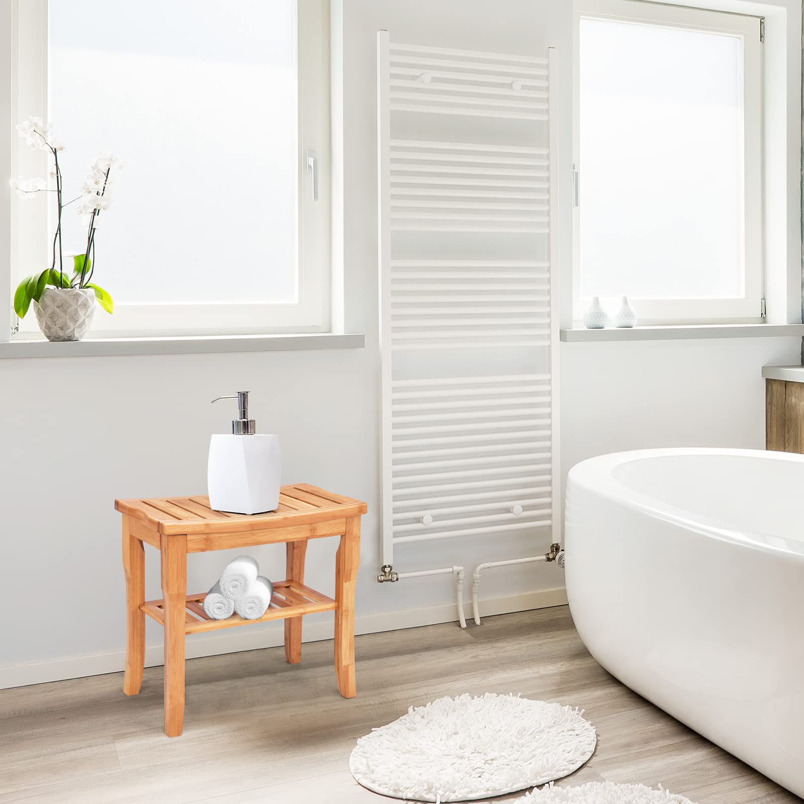 Giantex Bamboo Shower Bench Seat with Storage Shelf