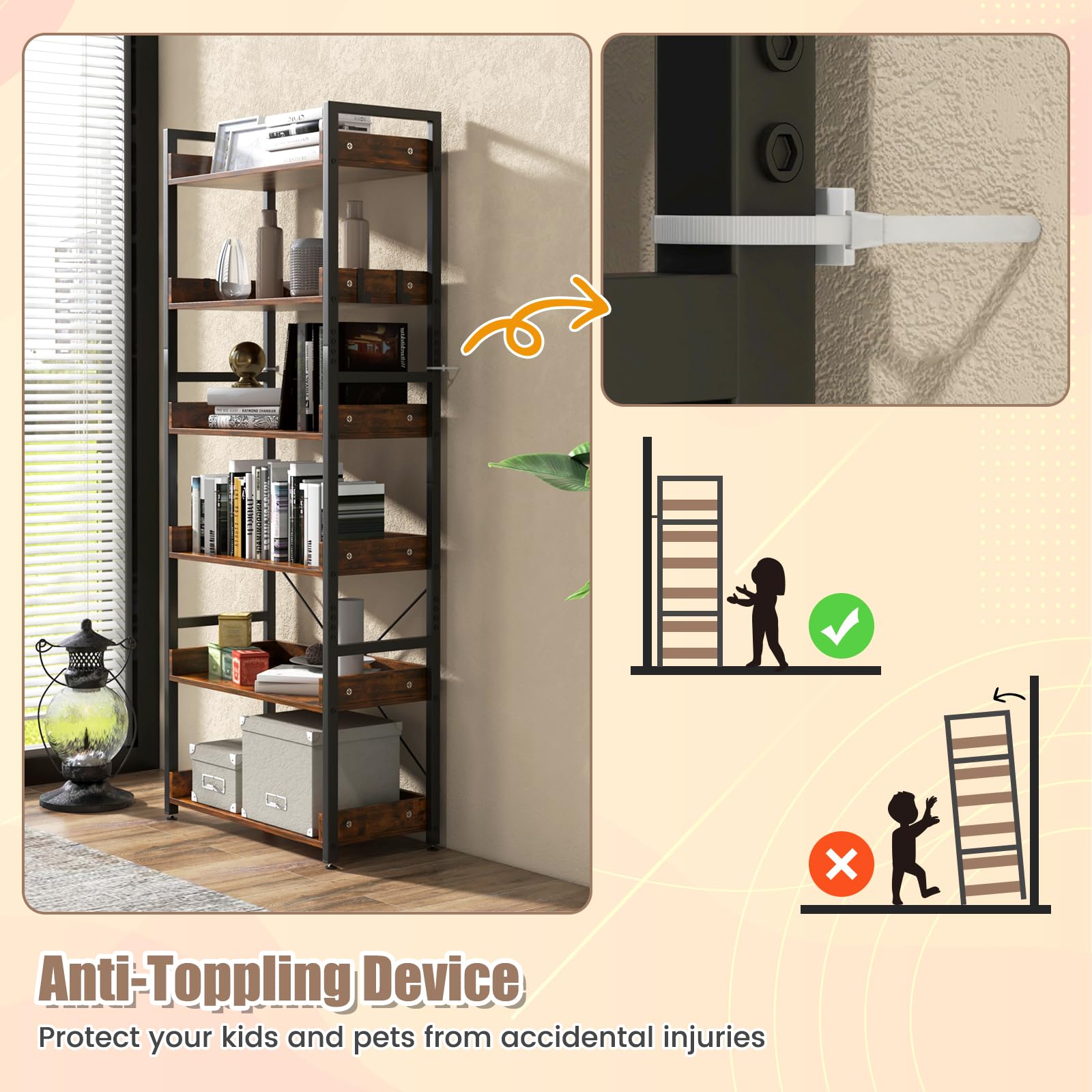 Giantex Bookshelf, 6-Tier Storage Rack w/ 4 Hooks