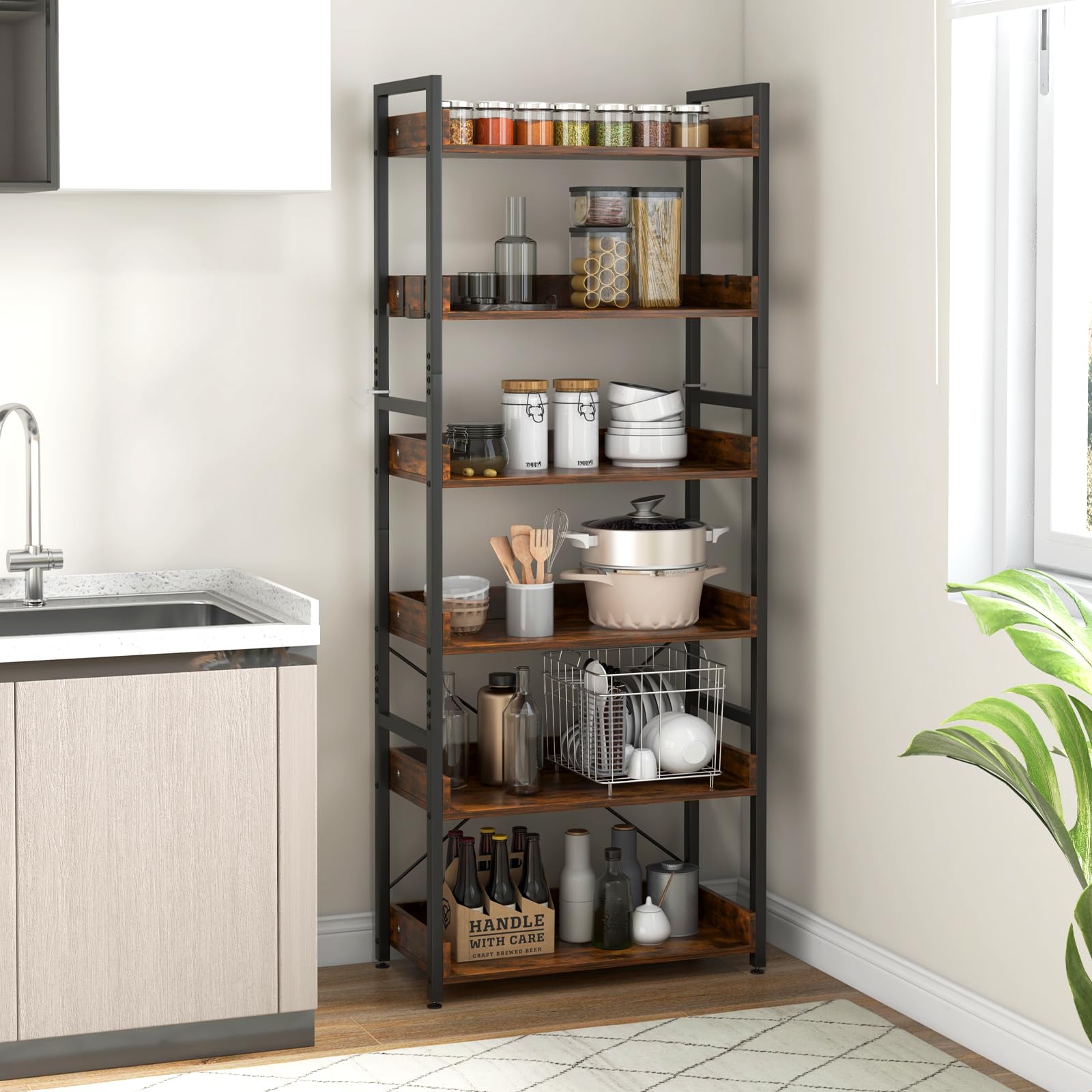 Giantex Bookshelf, 6-Tier Storage Rack w/ 4 Hooks