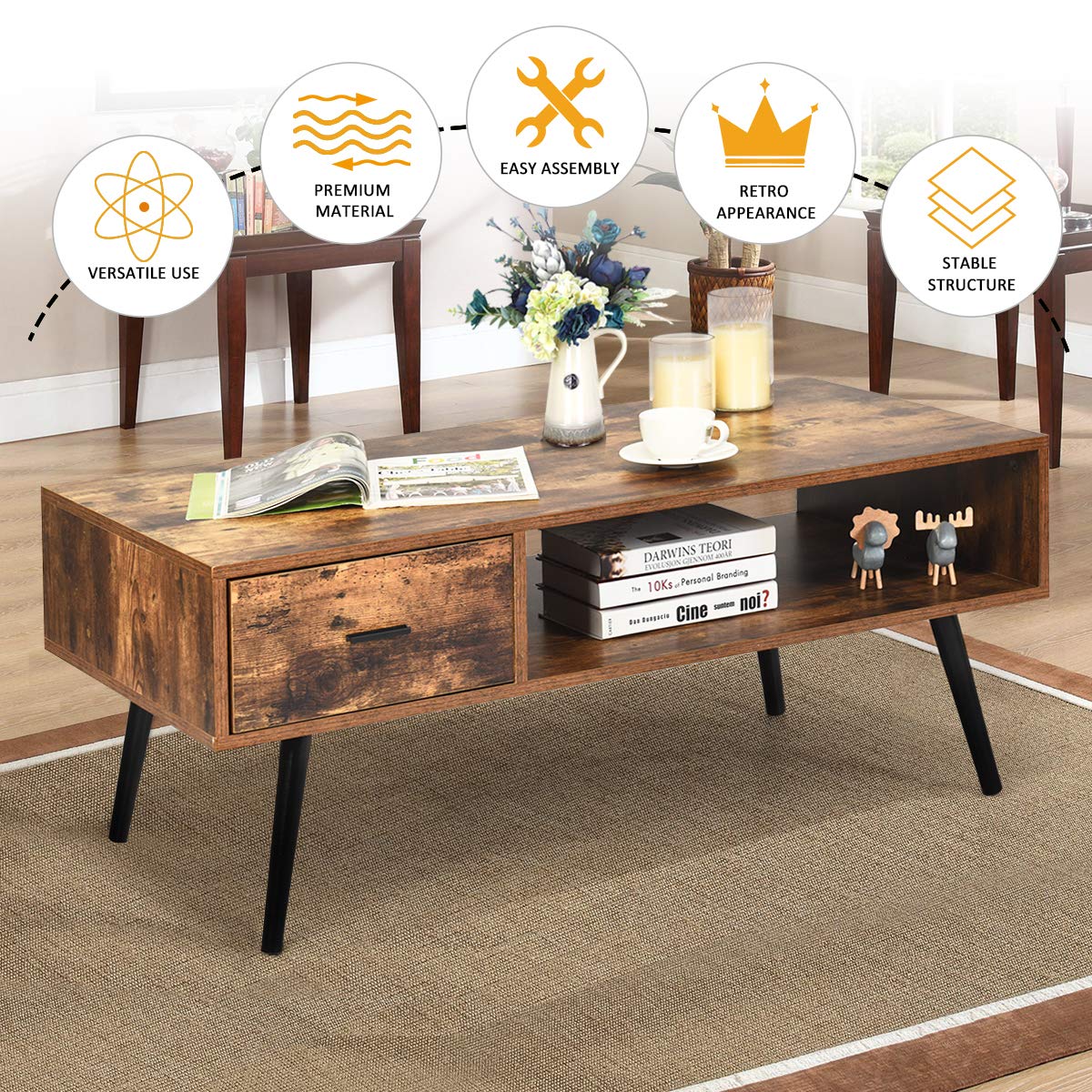 Giantex Coffee Table, Cocktail Table, Mid-Century Modern Accent Table