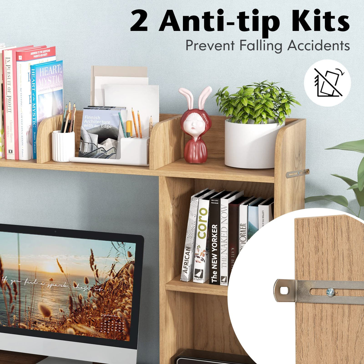 Giantex Desk Bookshelf, Multipurpose Wood Countertop Hutch with 4 Shelves & Open Back Compartment