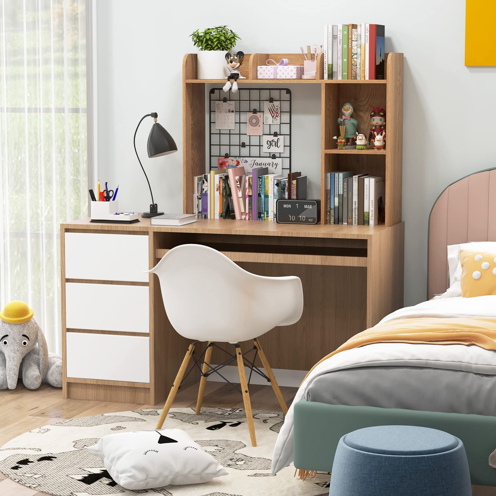 Giantex Desk Bookshelf, Multipurpose Wood Countertop Hutch with 4 Shelves & Open Back Compartment