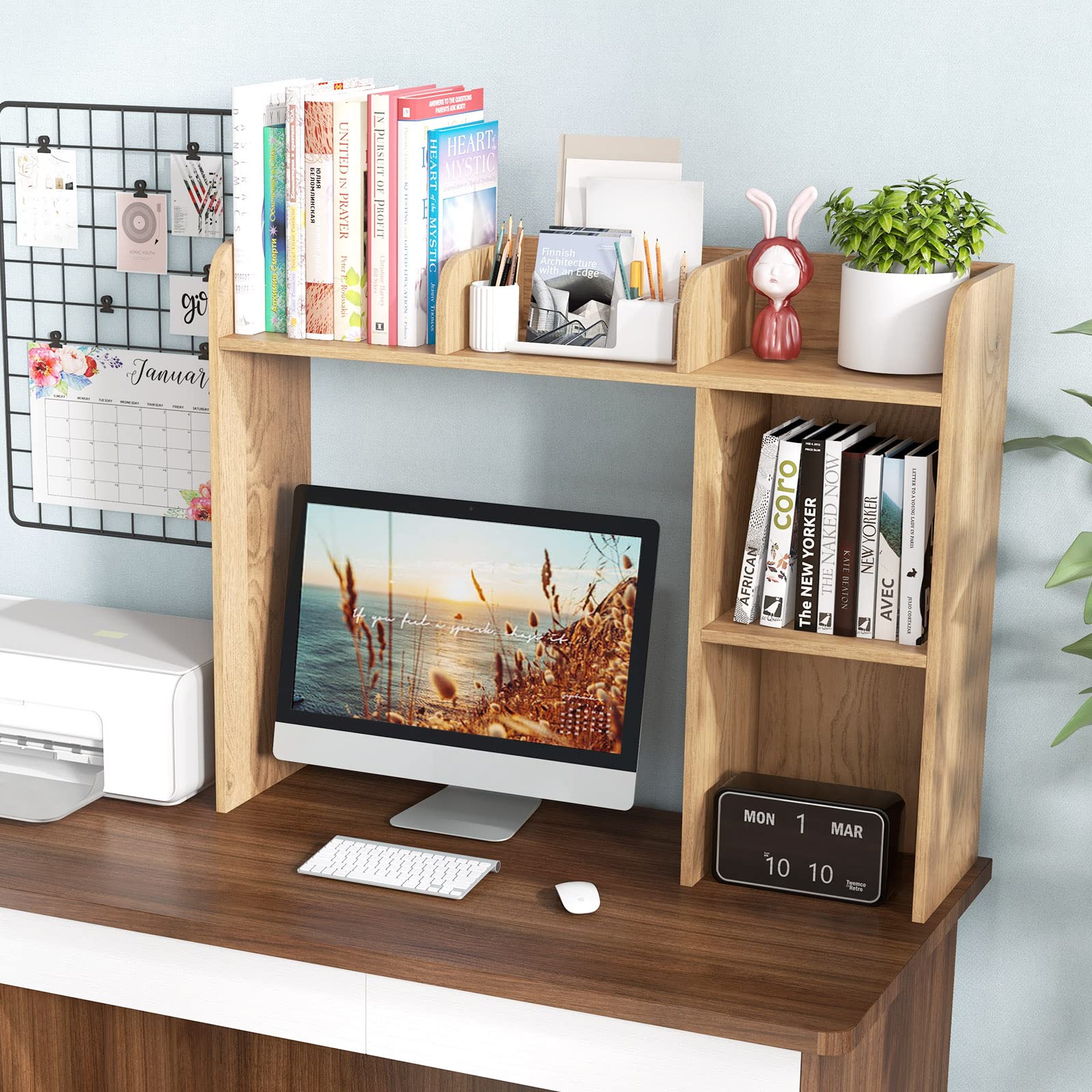 Giantex Desk Bookshelf, Multipurpose Wood Countertop Hutch with 4 Shelves & Open Back Compartment
