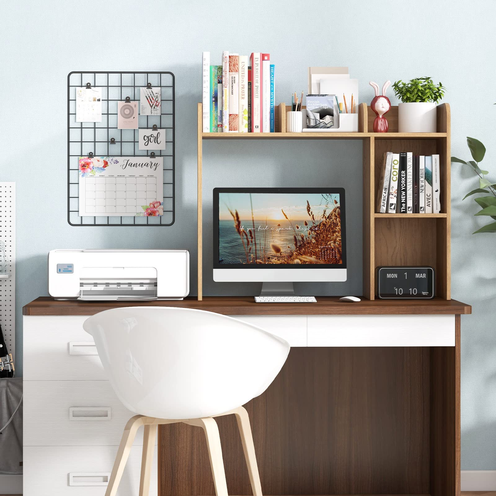 Giantex Desk Bookshelf, Multipurpose Wood Countertop Hutch with 4 Shelves & Open Back Compartment