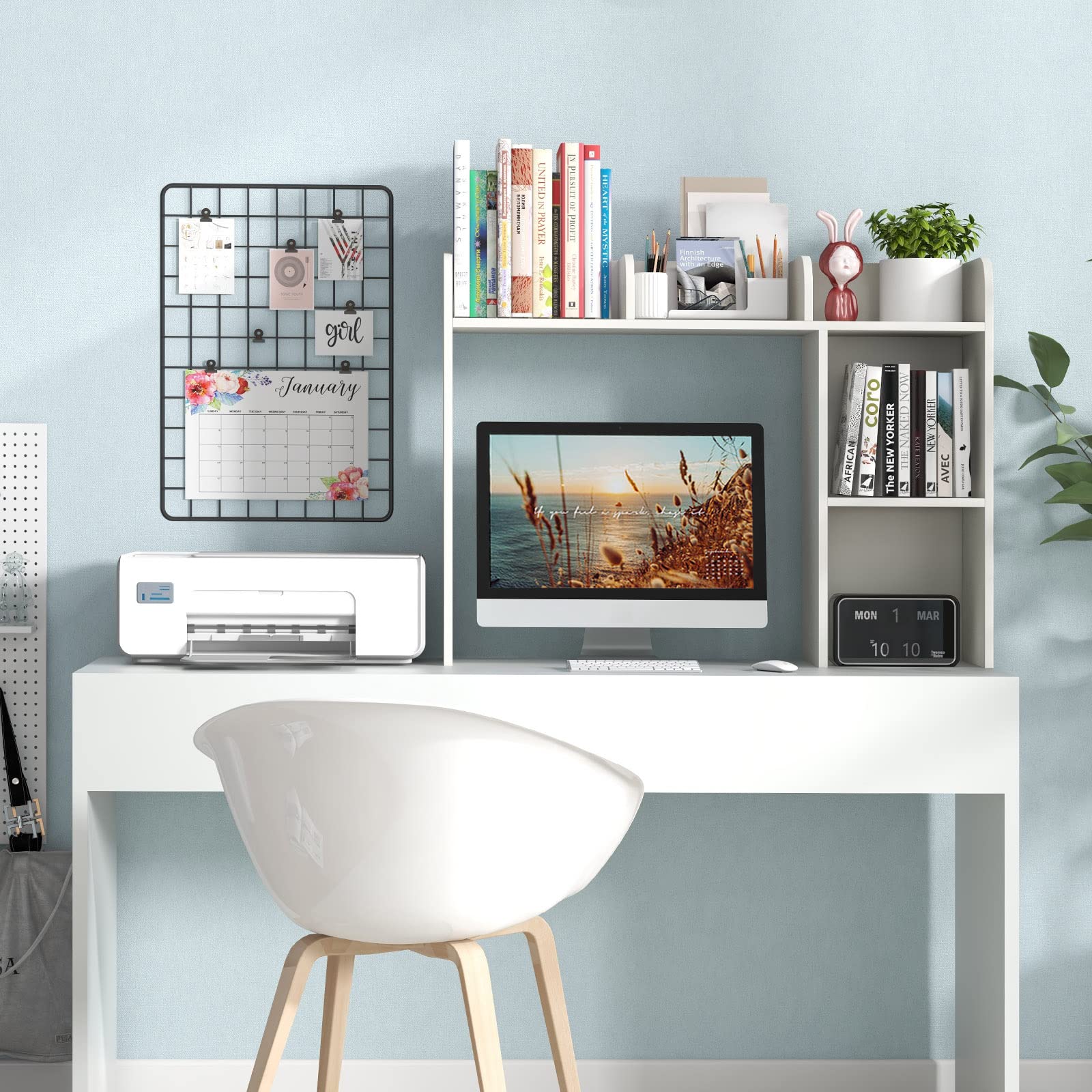 Giantex Desk Bookshelf, Multipurpose Wood Countertop Hutch with 4 Shelves & Open Back Compartment