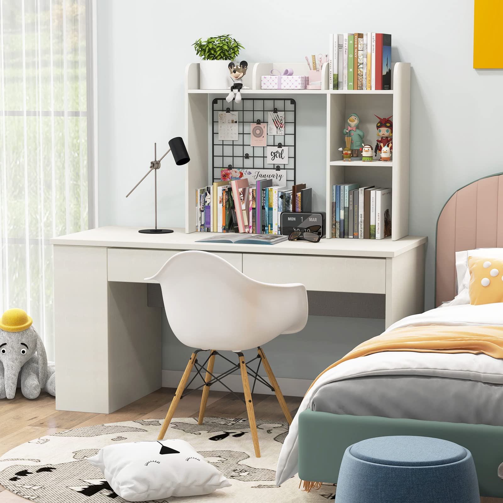 Giantex Desk Bookshelf, Multipurpose Wood Countertop Hutch with 4 Shelves & Open Back Compartment