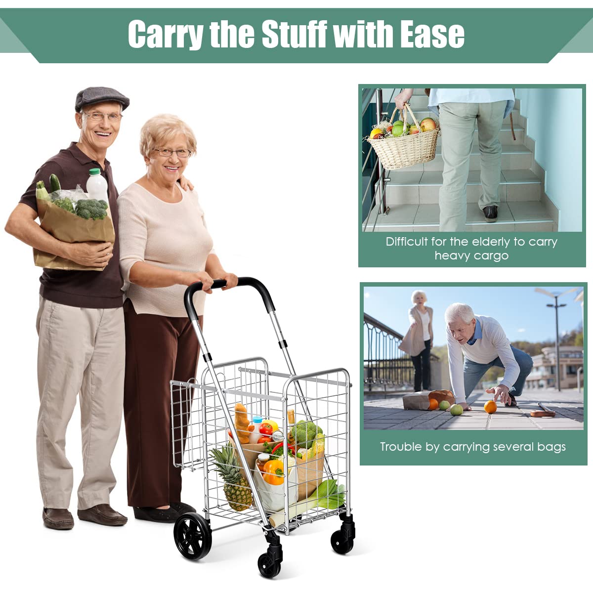 Giantex Folding Shopping Cart, 52D x 43W x 89.5H
