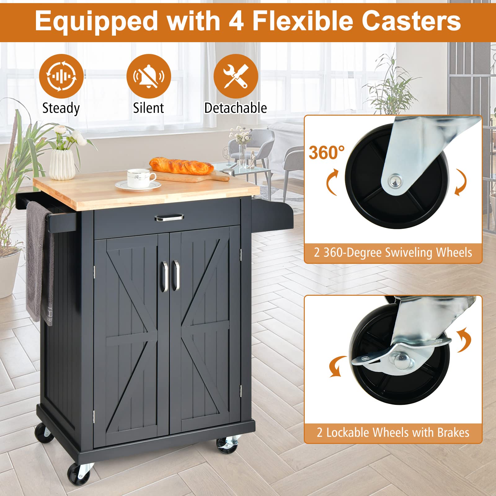 Giantex Kitchen Cart w/Rubber Wood Top