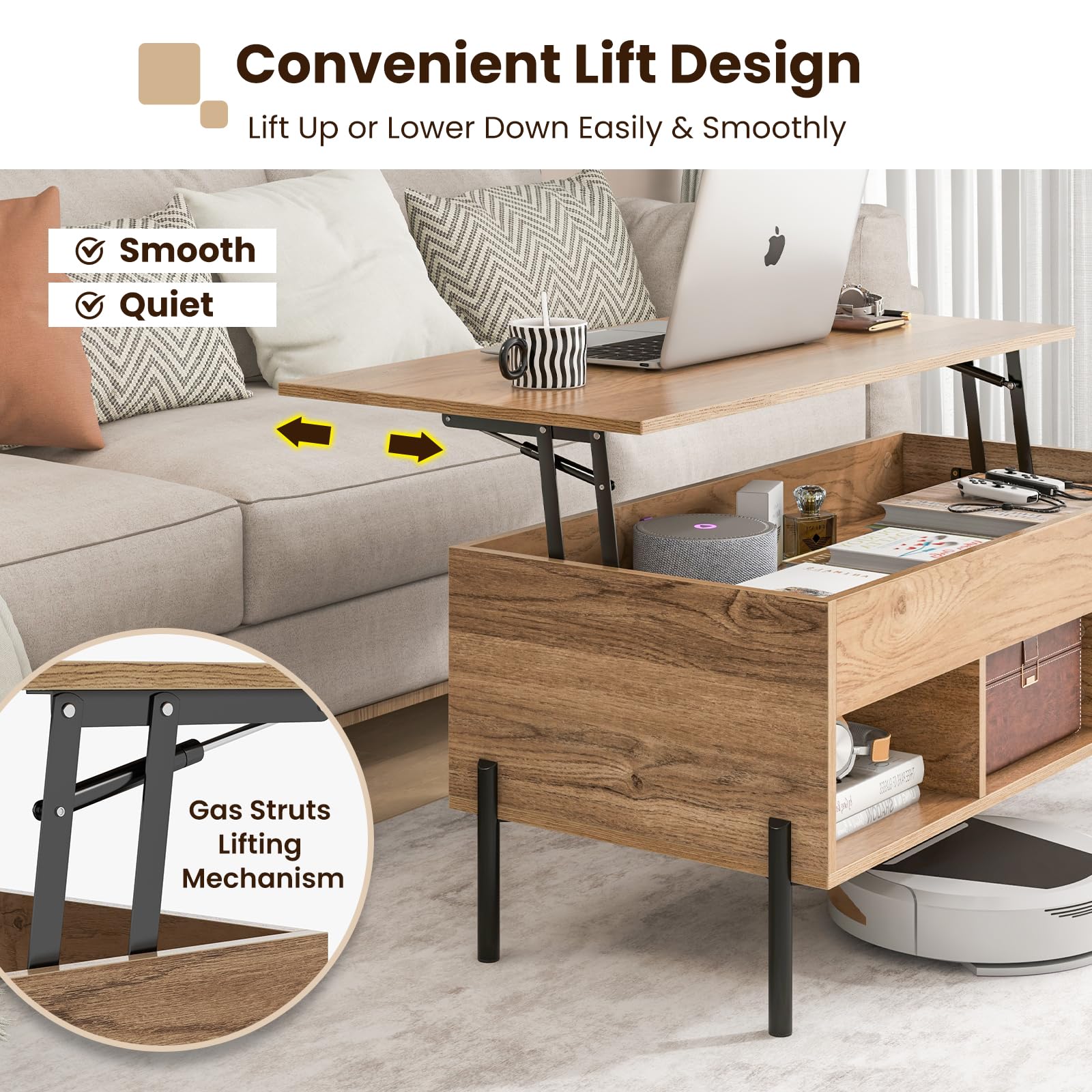 Giantex Lift Top Coffee Table, Rising Center Table with Large Hidden Compartment