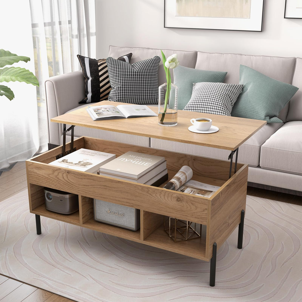 Giantex Lift Top Coffee Table, Rising Center Table with Large Hidden Compartment