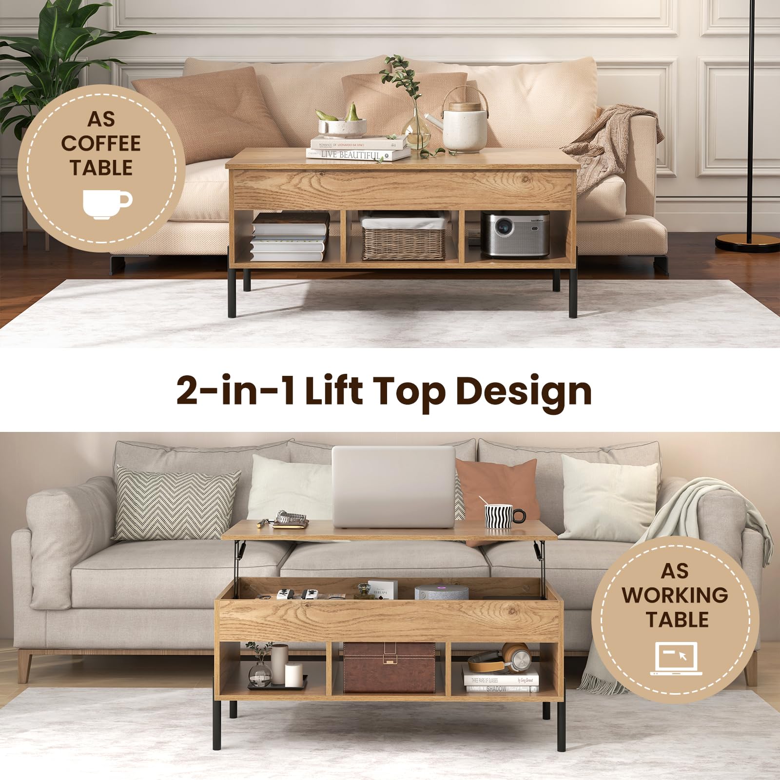 Giantex Lift Top Coffee Table, Rising Center Table with Large Hidden Compartment