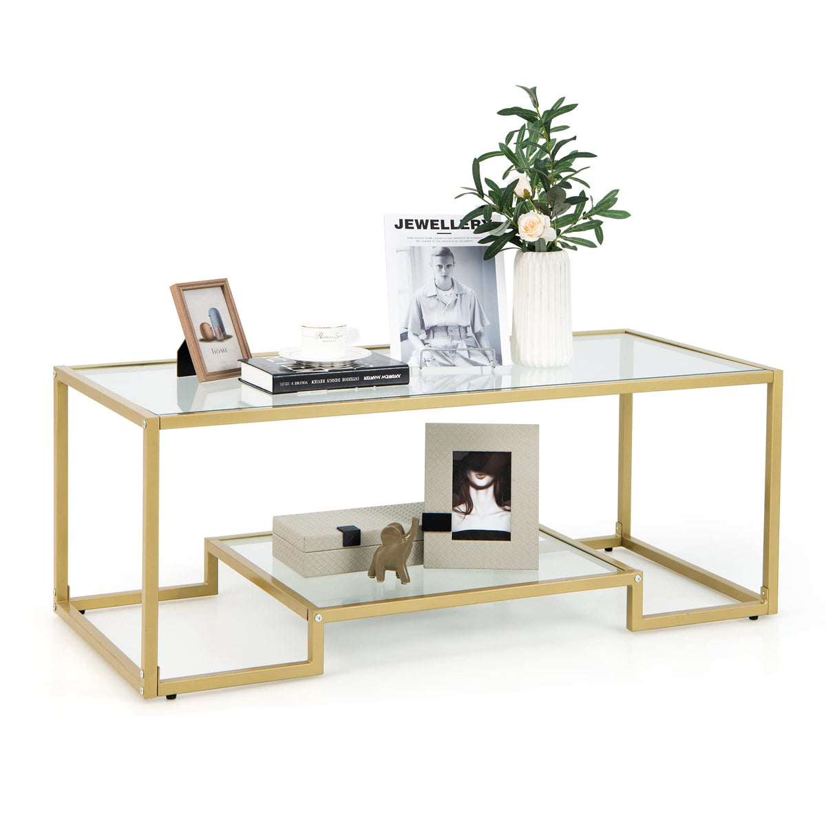 Giantex Modern 2-Tier Coffee Table, Rectangular Accent Table with Golden Metal Frame