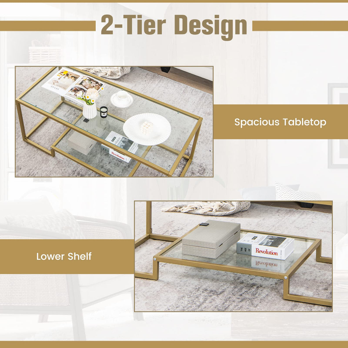 Giantex Modern 2-Tier Coffee Table, Rectangular Accent Table with Golden Metal Frame