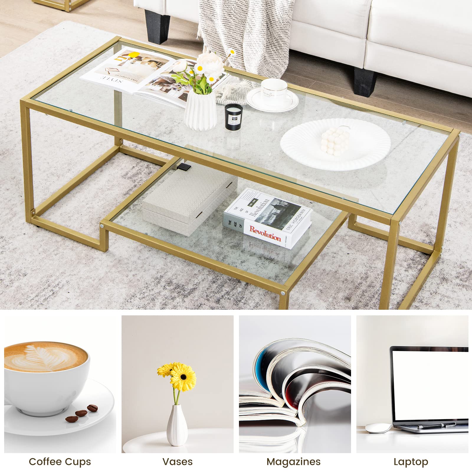 Giantex Modern 2-Tier Coffee Table, Rectangular Accent Table with Golden Metal Frame