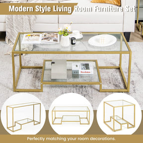 Giantex Modern 2-Tier Coffee Table, Rectangular Accent Table with Golden Metal Frame