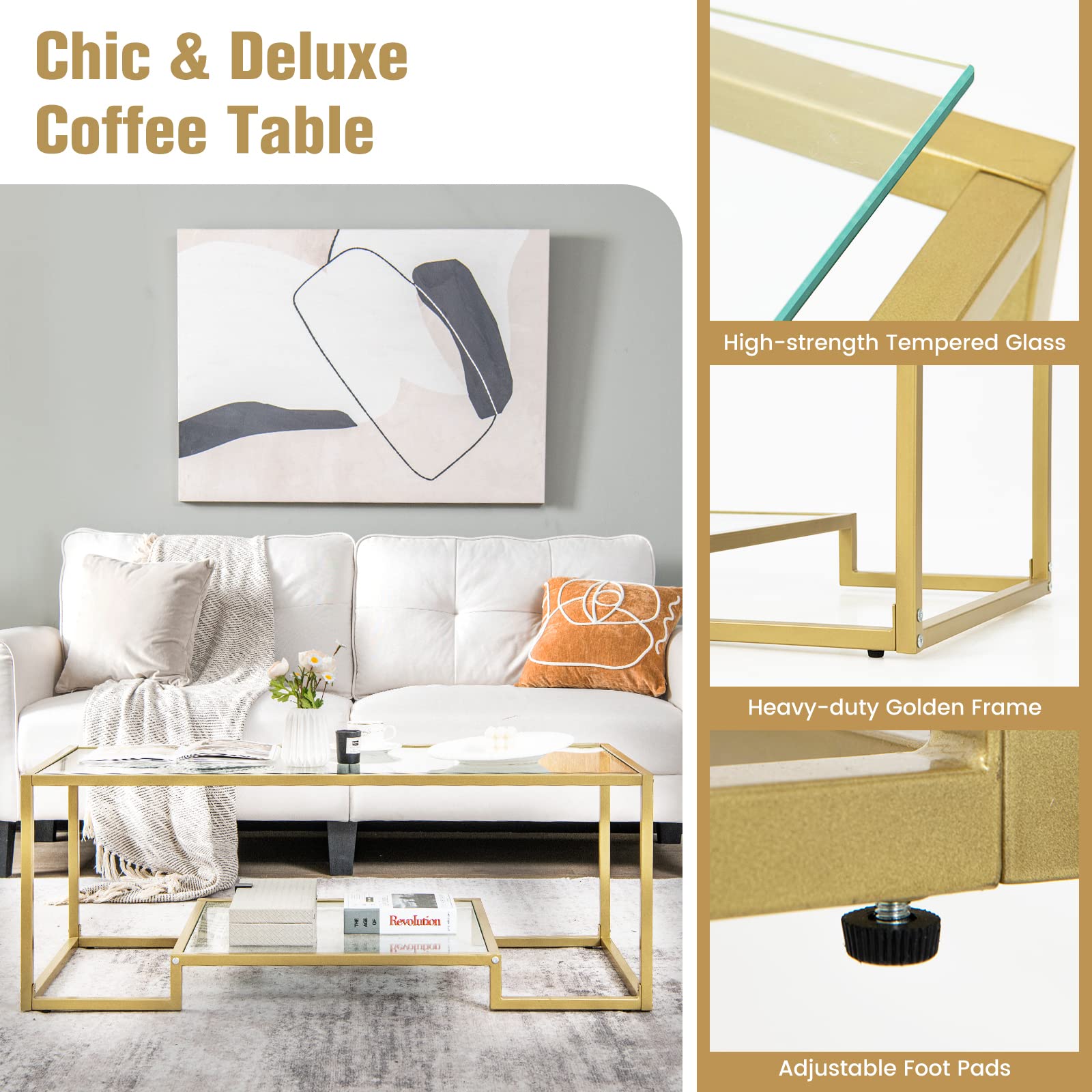 Giantex Modern 2-Tier Coffee Table, Rectangular Accent Table with Golden Metal Frame