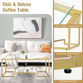 Giantex Modern 2-Tier Coffee Table, Rectangular Accent Table with Golden Metal Frame