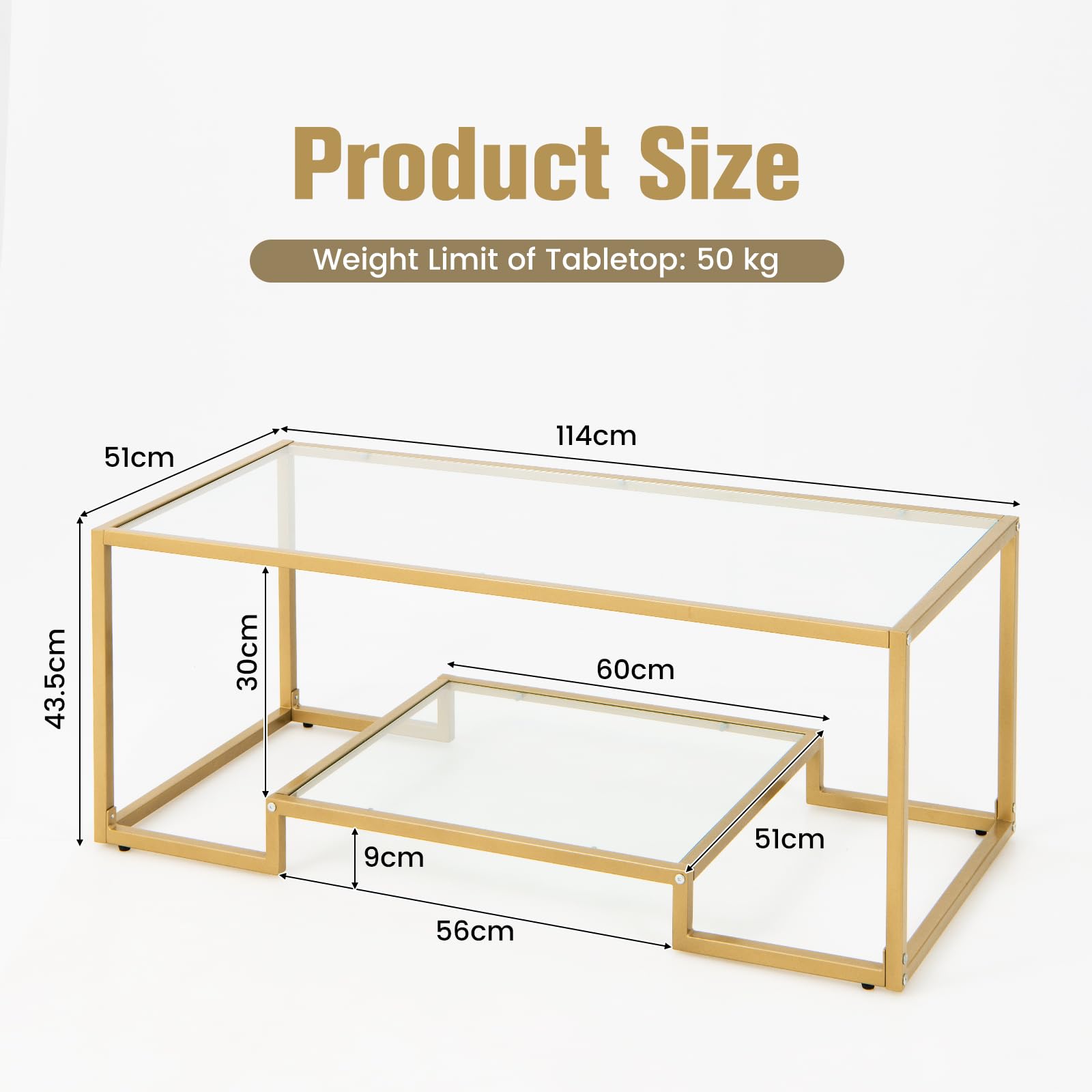 Giantex Modern 2-Tier Coffee Table, Rectangular Accent Table with Golden Metal Frame