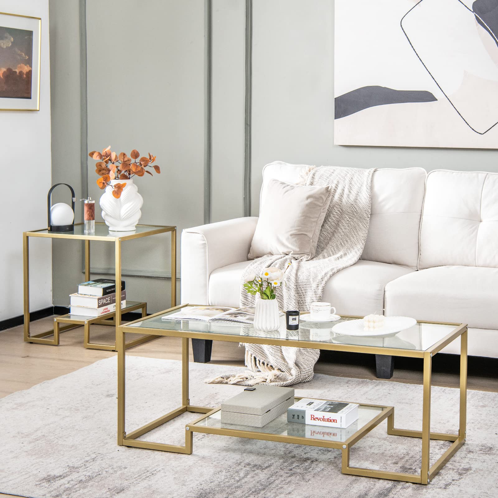 Giantex Modern 2-Tier Coffee Table, Rectangular Accent Table with Golden Metal Frame