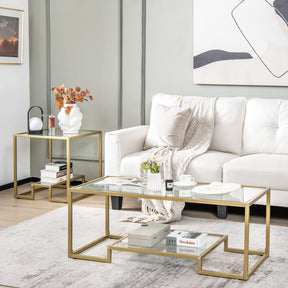 Giantex Modern 2-Tier Coffee Table, Rectangular Accent Table with Golden Metal Frame