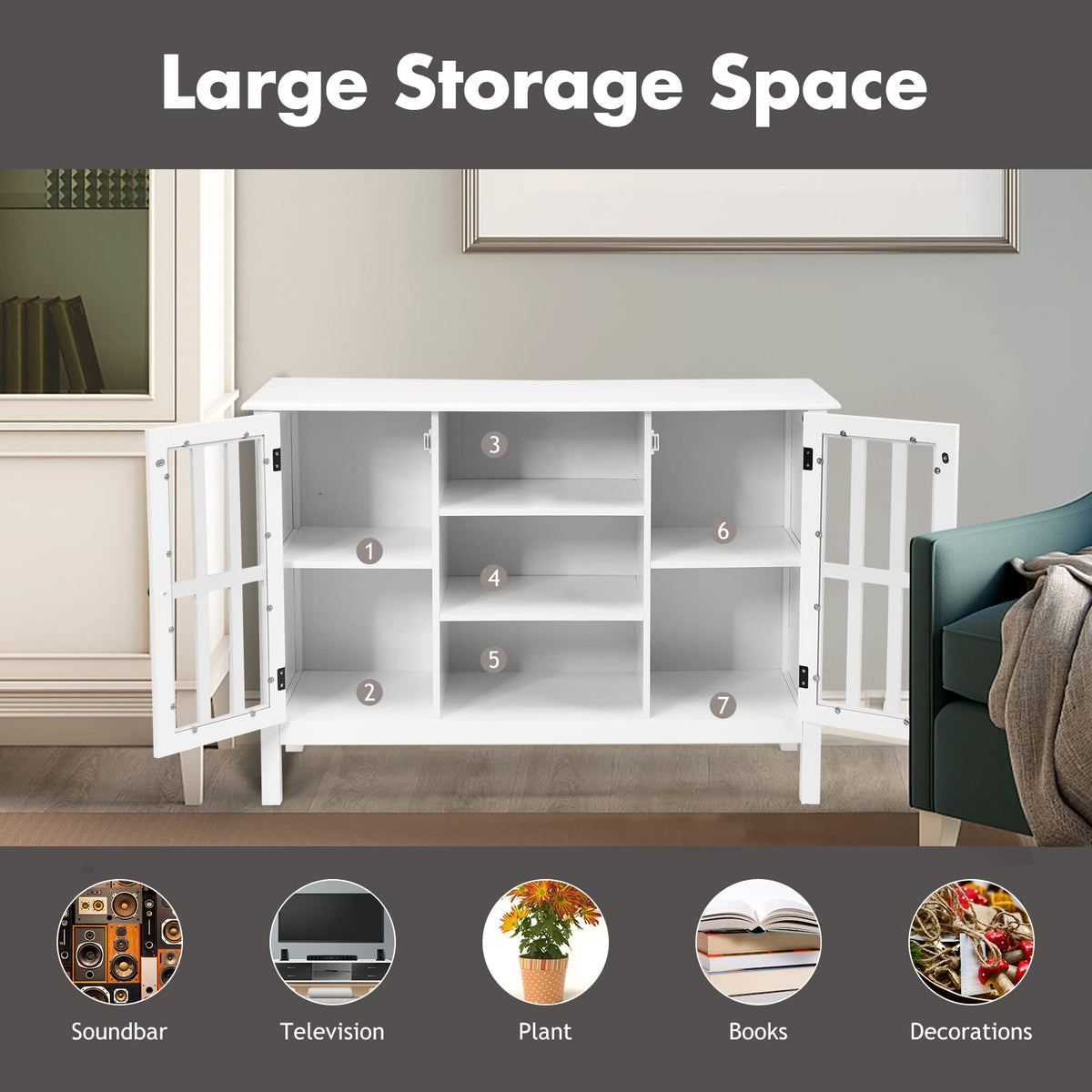 Giantex Modern TV Stand, Wood Media Console Table with 2 Tempered Glass Doors & 7 Storage Compartments
