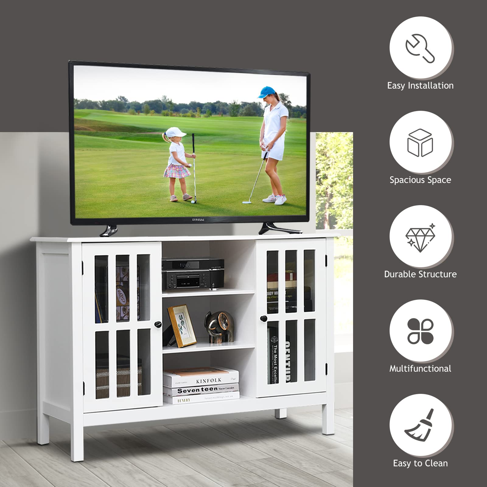 Giantex Modern TV Stand, Wood Media Console Table with 2 Tempered Glass Doors & 7 Storage Compartments