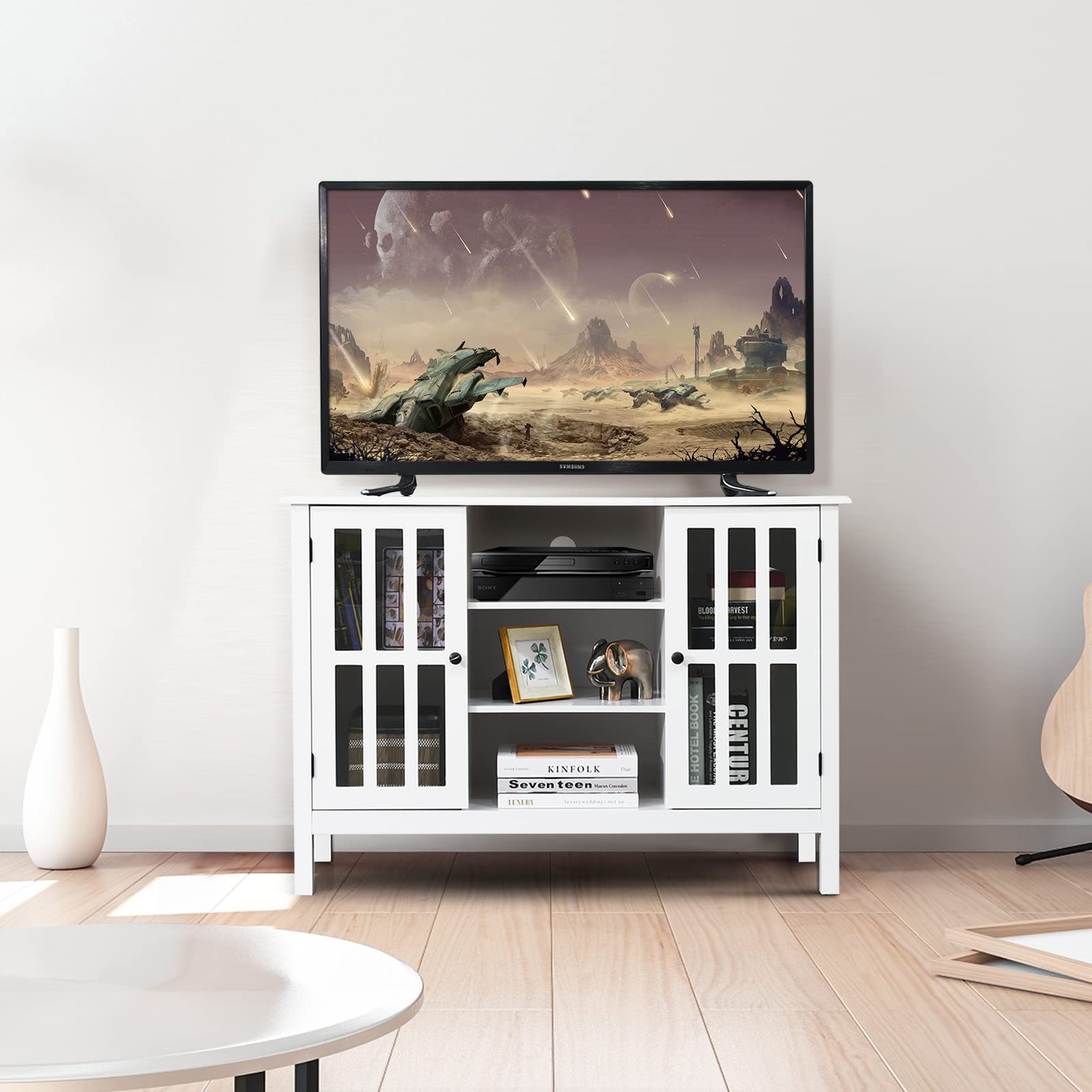 Giantex Modern TV Stand, Wood Media Console Table with 2 Tempered Glass Doors & 7 Storage Compartments