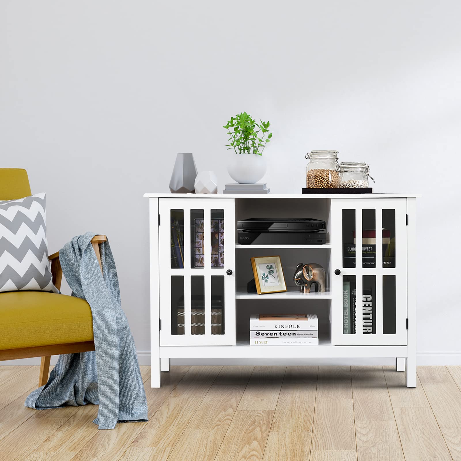 Giantex Modern TV Stand, Wood Media Console Table with 2 Tempered Glass Doors & 7 Storage Compartments