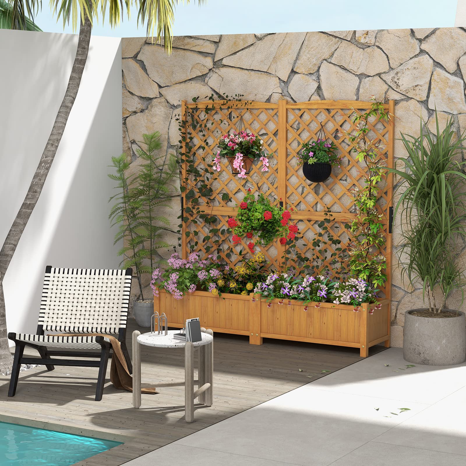 Giantex Raised Garden Bed with Trellis, Indoor & Outdoor Plant Container with Diamond Shaped Trellis