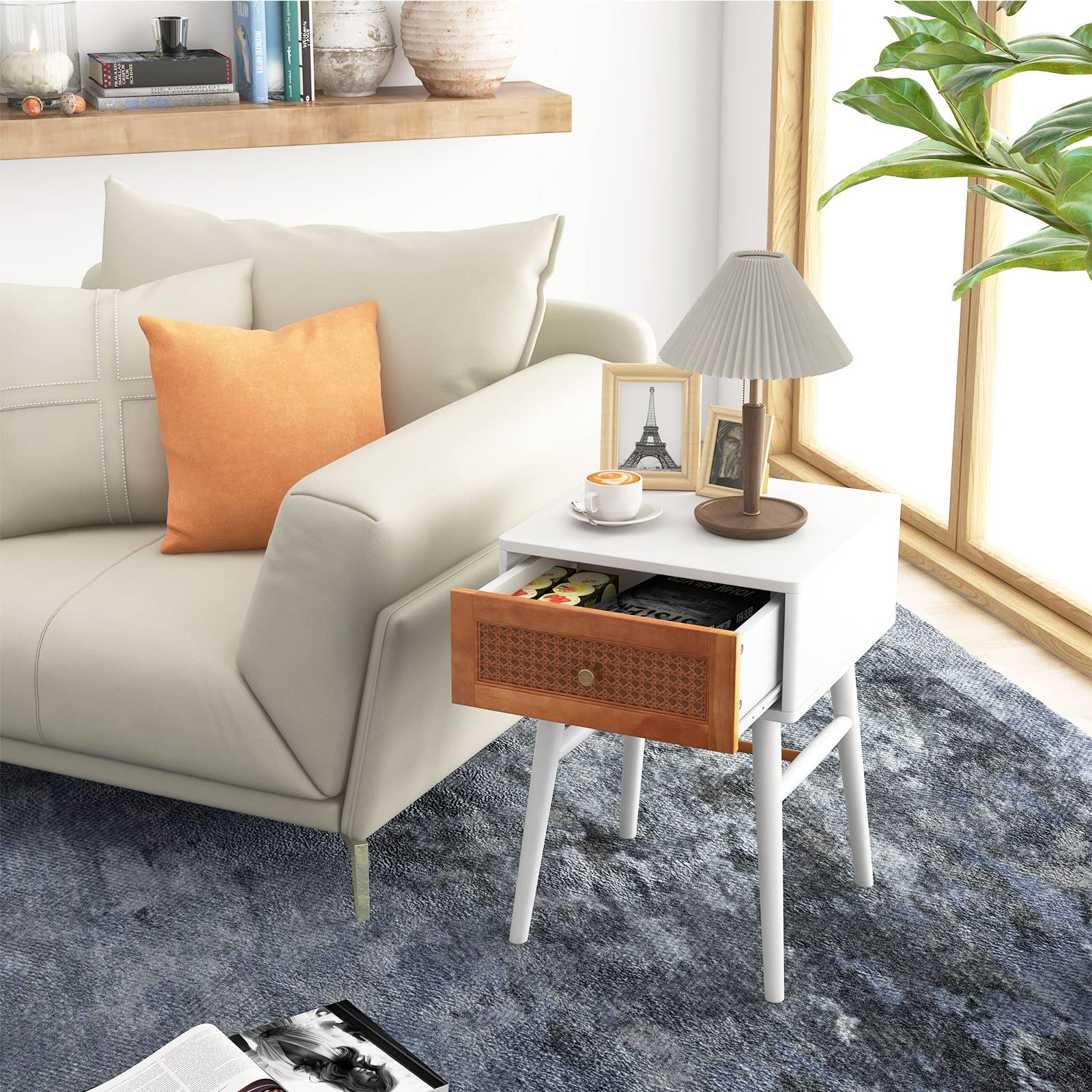 Giantex Rattan Nightstand, Boho Accent End Table with Storage Drawer