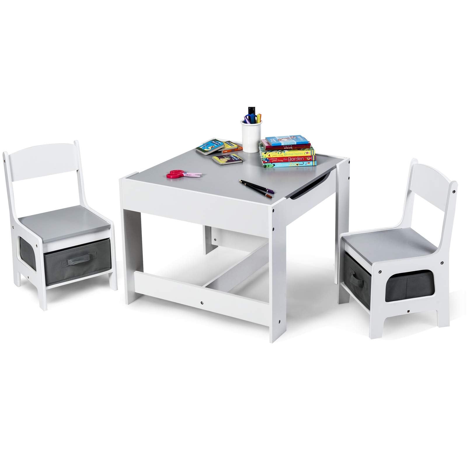 Kids Table & Chairs Set, 3-in-1 Wooden Toddler Activity Table with Storage, Reversible Tabletop & Blackboard for Art Craft, Drawing, Playroom