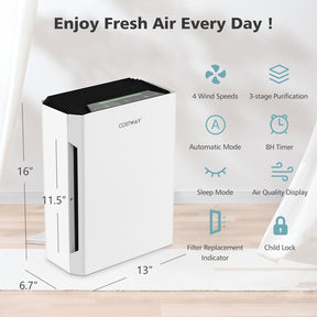 H13 True HEPA Air Purifier with Adjustable Wind Speeds and Child Safety Lock