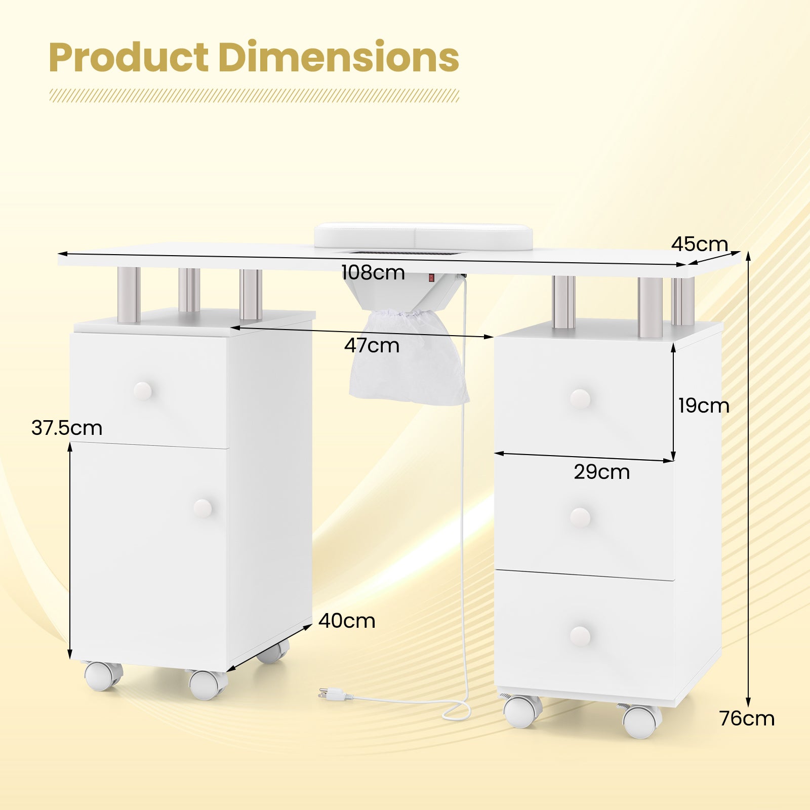 Manicure Table Nail Desk with Electric Dust Collector 3 Dust Bags