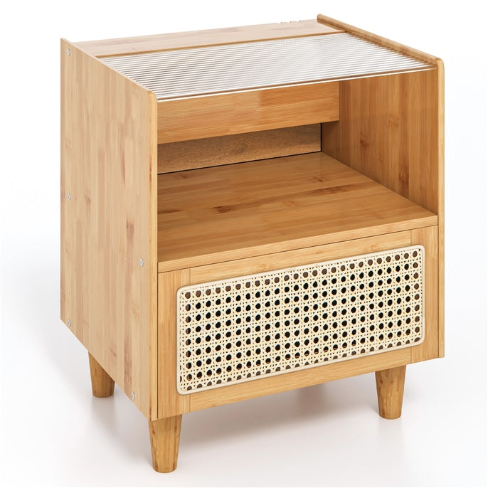 Giantex Bamboo Rattan Nightstand, Boho Bedside Table with Drawer and Solid Wood Legs