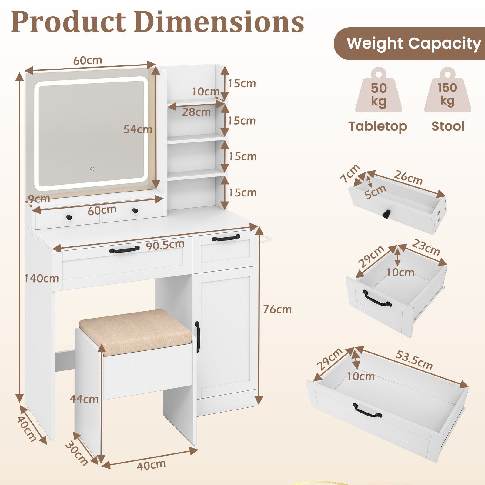 Giantex Vanity Set with Mirror and Lights, Dressing Table and Chair Set w/ 3 Lighting Modes & Adjustable Brightness