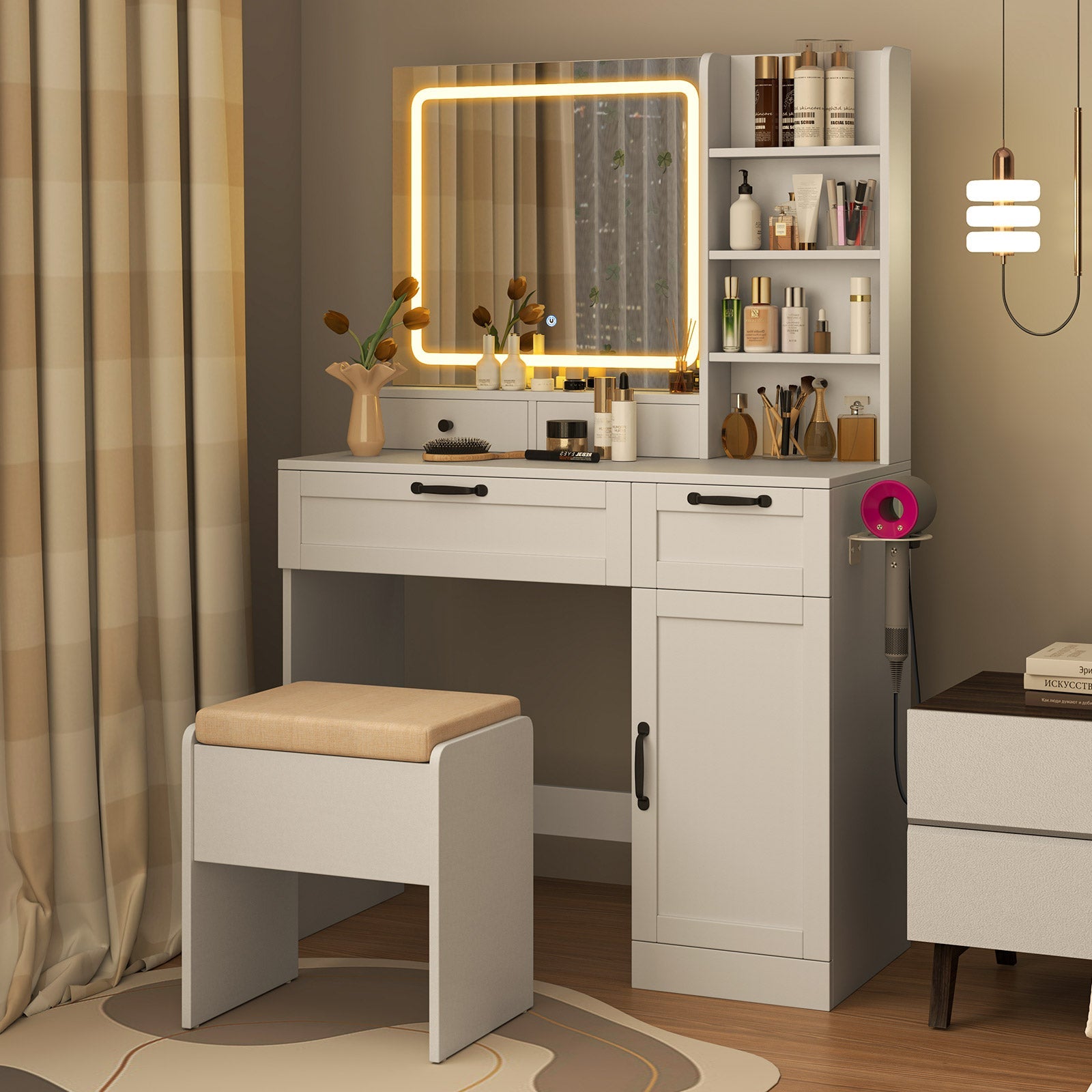Giantex Vanity Set with Mirror and Lights, Dressing Table and Chair Set w/ 3 Lighting Modes & Adjustable Brightness