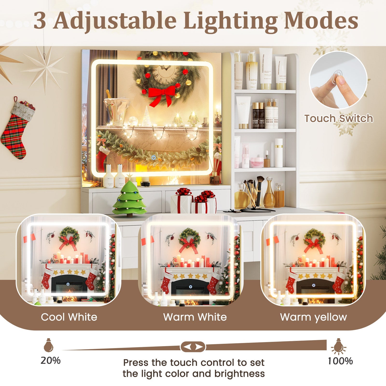 Giantex Vanity Set with Mirror and Lights, Dressing Table and Chair Set w/ 3 Lighting Modes & Adjustable Brightness