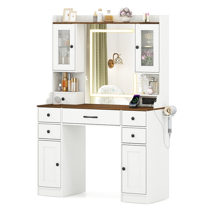 Vanity Desk with Mirror and Lights, Modern Dressing Table with Charging Station