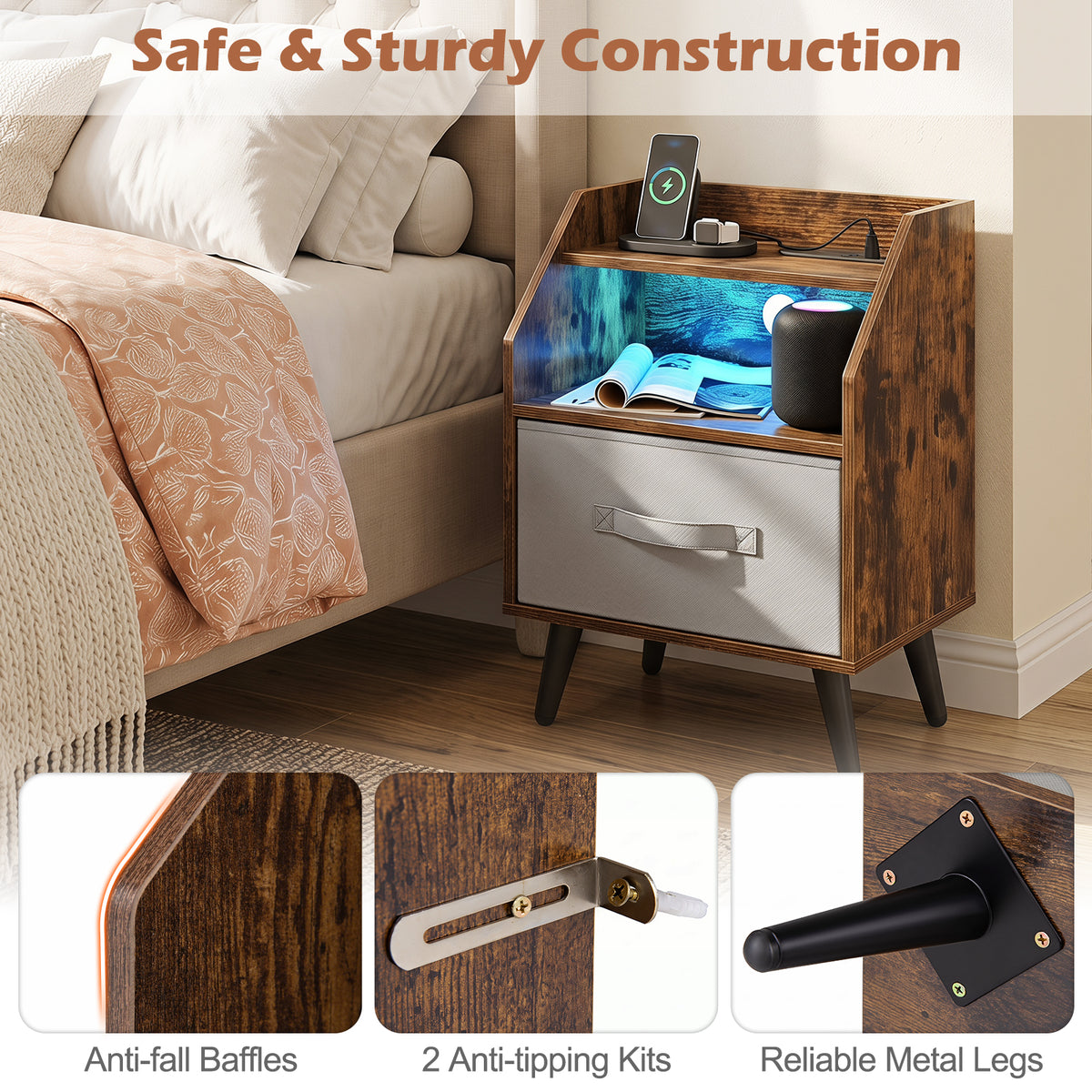 Nightstand with LED Lights & Power Outlets, Rustic Brown/White
