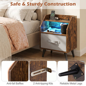 Nightstand with LED Lights & Power Outlets, Rustic Brown/White