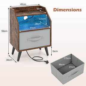 Nightstand with LED Lights & Power Outlets, Rustic Brown/White