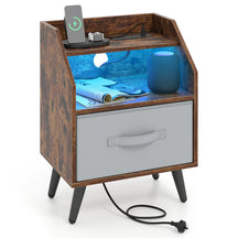 Nightstand with LED Lights & Power Outlets, Rustic Brown/White