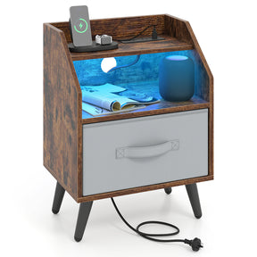Nightstand with LED Lights & Power Outlets, Rustic Brown/White