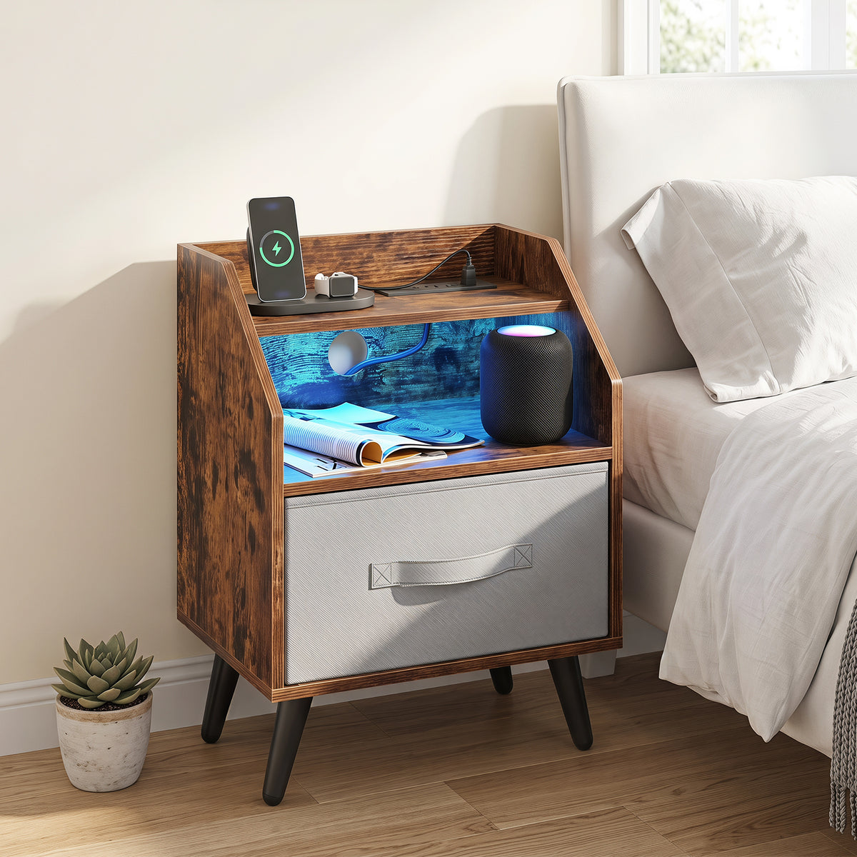 Nightstand with LED Lights & Power Outlets, Rustic Brown/White